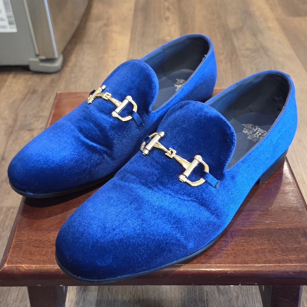 Men's Blue Velvet Loafers with Gold Detailing